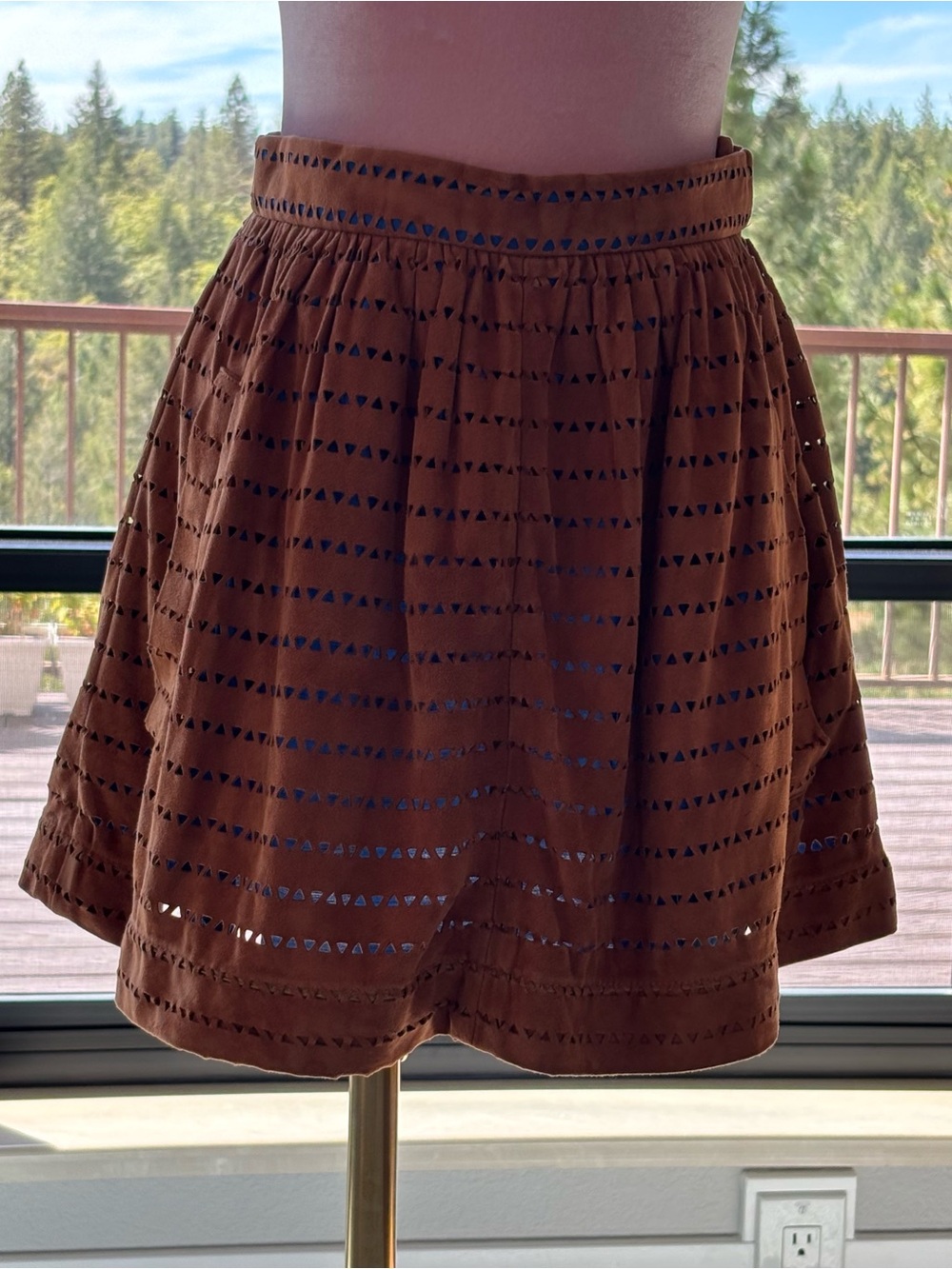 Opening Ceremony Cutout Suede Leather Mini Skirt XS Cognac Cobalt Blue